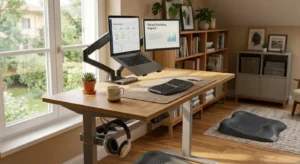 Setup di lavoro completo con braccio porta monitor e tappeto defaticante su scrivania regolabile in altezza