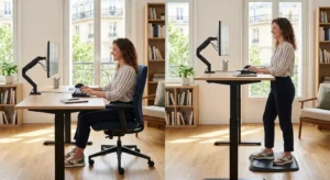 Comparatif de posture assise et debout illustrant un avis sur le bureau assis-debout