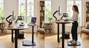 Espace de télétravail ergonomique optimisé avec un bureau assis-debout ajustable