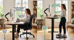 Guide visuel de la hauteur idéale des coudes et des yeux sur un bureau assis-debout