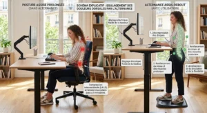 Schéma explicatif du soulagement des douleurs dorsales grâce au bureau assis-debout