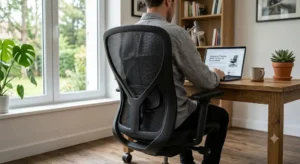 Vue arriere d'une chaise de bureau en maille mesh respirante pour le travail a domicile