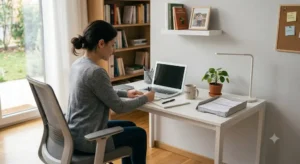 Postazione da lavoro moderna con scrivania bianca economica e sedia ergonomica 