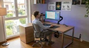Guida visiva alla postura ergonomica corretta da mantenere davanti alla scrivania durante il lavoro.