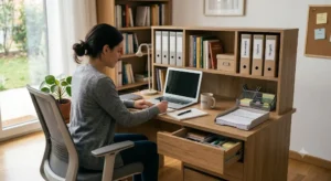 Scrivania con cassetti integrati e ripiani per organizzare documenti e cancelleria