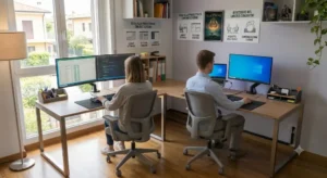 Scrivania per due postazioni di lavoro affiancate ideale per ufficio in casa condiviso.