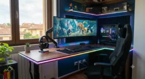 Scrivania gaming angolare a L in metallo nero ideale per ottimizzare lo spazio in camera