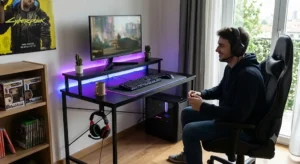 Scrivania da gaming economica sotto i 200 euro con supporto per monitor e luci led