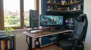 Scrivania gaming in legno scuro con telaio in acciaio robusto per doppio monitor