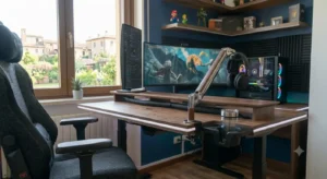 Scrivania gaming compatta con tappetino mouse gigante e pc da gioco illuminato