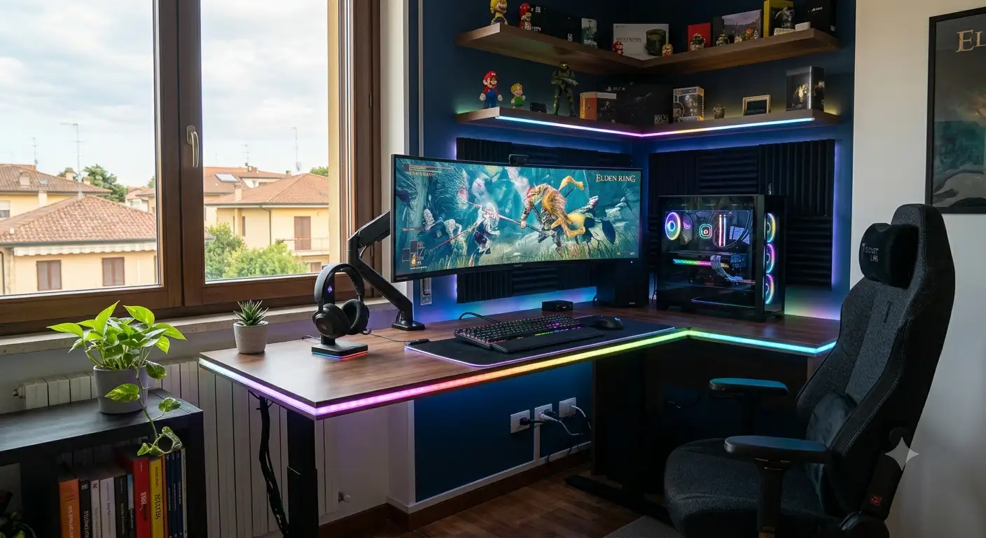 Postazione gaming completa con scrivania gaming angolare, luci LED RGB e monitor curvo