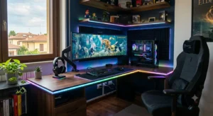 Scrivania gaming regolabile in altezza elettrica con tastiera e sedia ergonomica da gioco