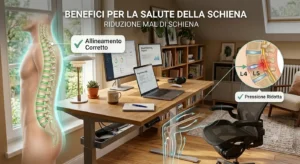 nfografica illustrata sui benefici per il mal di schiena derivanti dall'uso di una scrivania regolabile in altezza