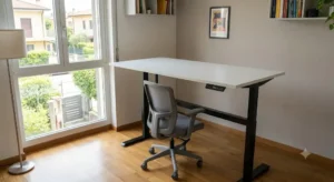 Scrivania ergonomica regolabile in altezza con motore elettrico ideale per lavorare da casa.