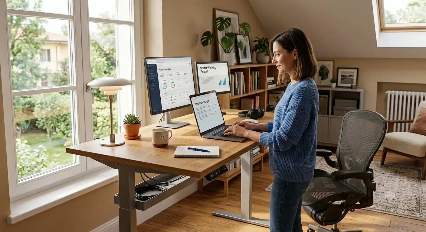 Scrivania regolabile in altezza collocata in un luminoso ufficio domestico per lo smart working