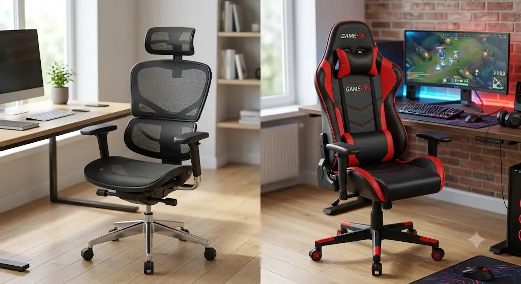 Illustration comparative entre une chaise ergonomique vs chaise gamer au style baquet.