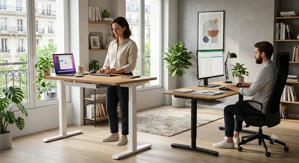 Comparatif entre un bureau assis-debout flexispot vs ikea bureau ergonomique Ikea dans un espace de travail modern