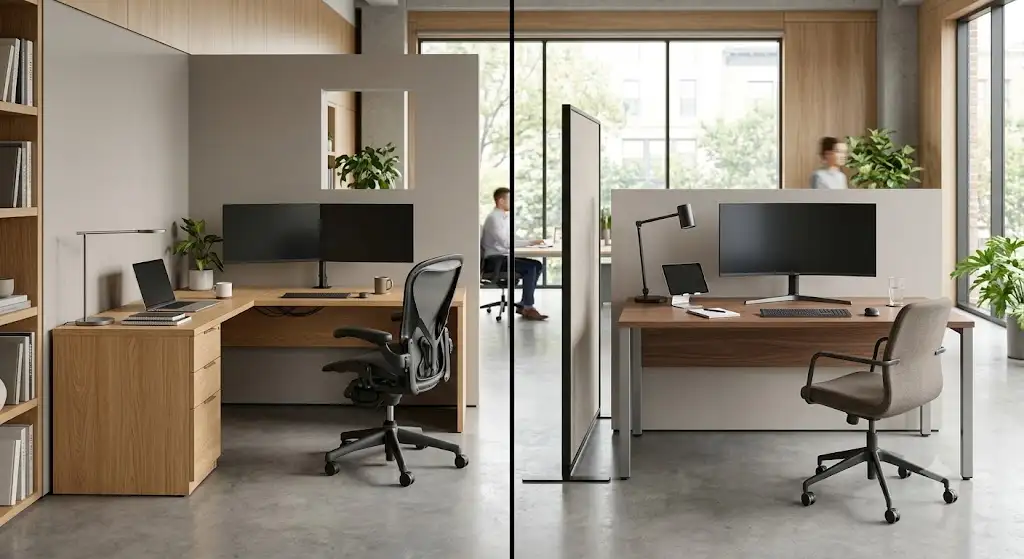 Illustration comparative montrant un bureau en l vs bureau droit classique aménagés dans un bureau contemporain.