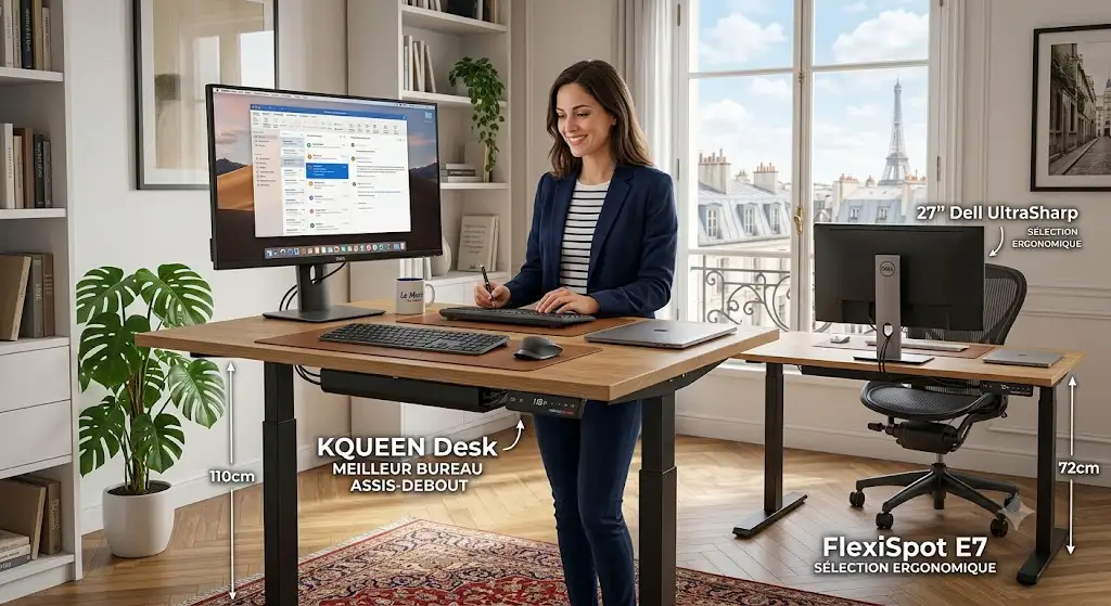 Illustration présentant une sélection du meilleur bureau assis-debout france pour un aménagement de bureau ergonomique.
