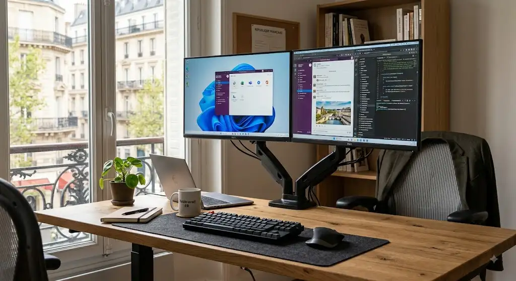 Installation avec le meilleur bras d'écran france idéal pour optimiser le télétravail en France.