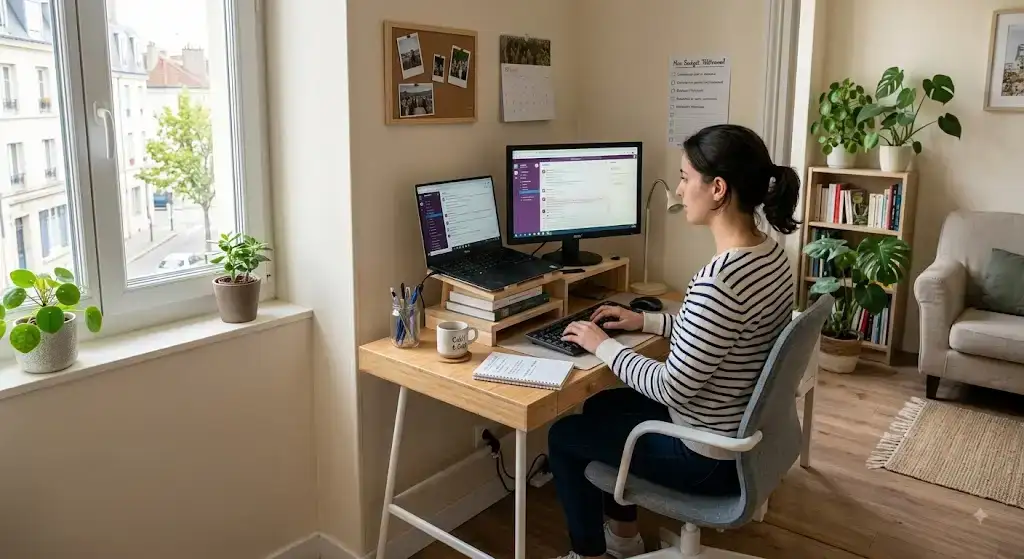 Illustration du meilleur setup télétravail petit budget aménagé dans un petit espace de vie.
