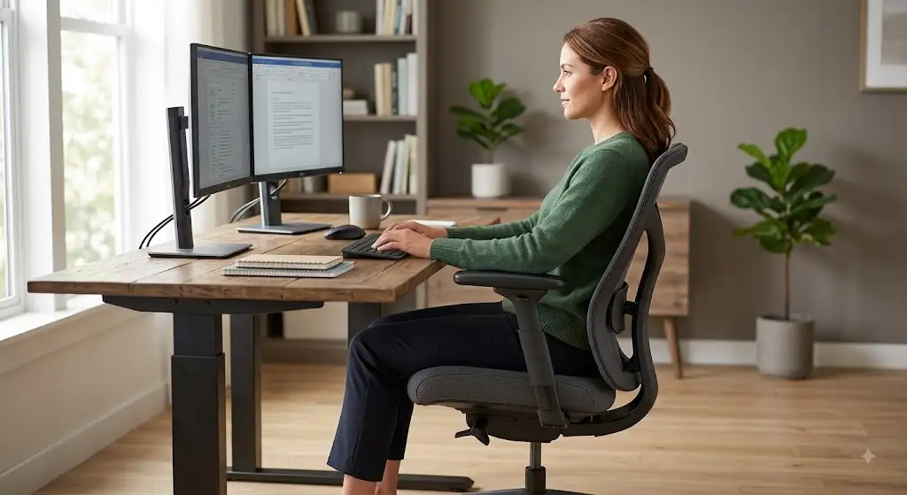 Présentation globale illustrant ce qu'est-ce qu'une chaise ergonomique avec une personne assise en posture optimale au bureau