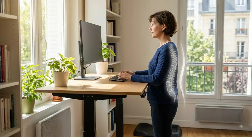 Illustration des bienfaits bureau assis-debout sur l'alignement de la colonne vertébrale et la posture au travail