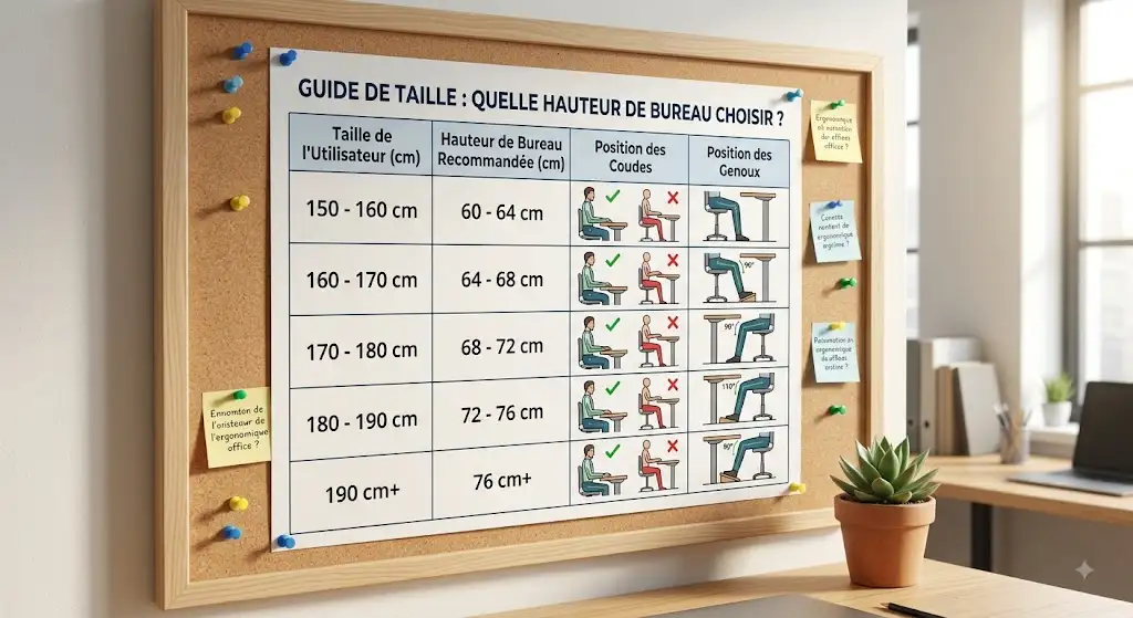 Tableau comparatif indiquant quelle hauteur de bureau choisir selon la taille de l'utilisateur