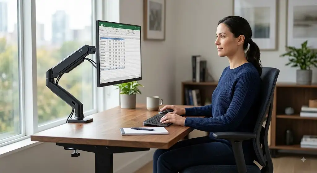 Illustration de l'utilité d'un bras d'écran pour maintenir une posture ergonomique au bureau bras d'écran utilité bureau