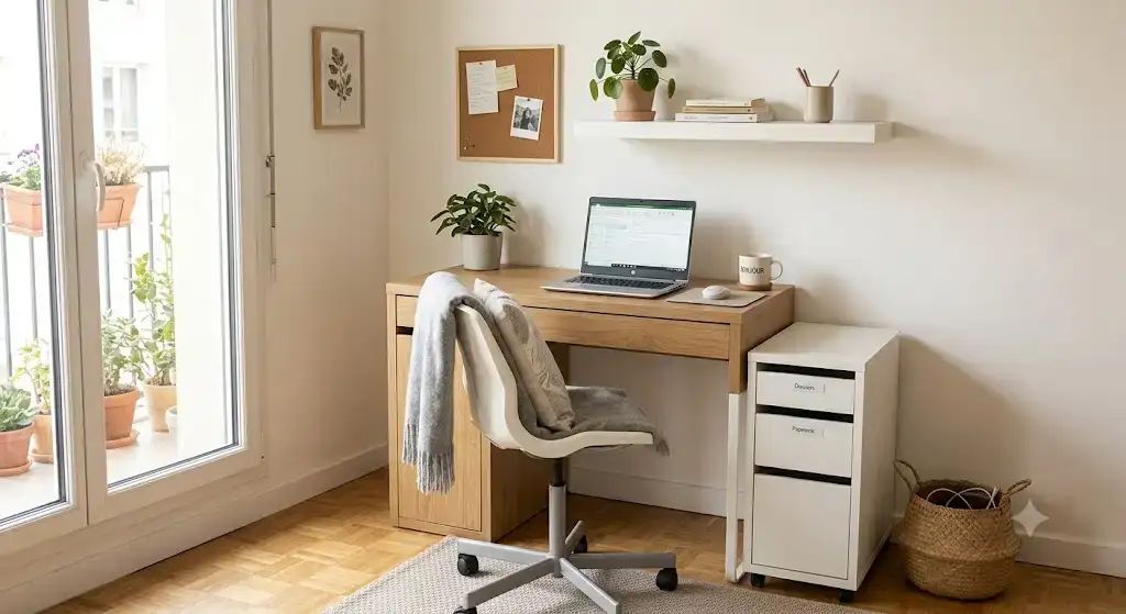 Aménagement d'un bureau complet petit budget moins 300 euros avec table, chaise et rangements