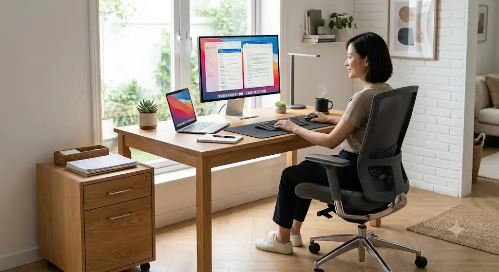 Ensemble bureau complet milieu de gamme en bois clair avec fauteuil ergonomique et caisson à tiroirs pour espace de travail moderne.