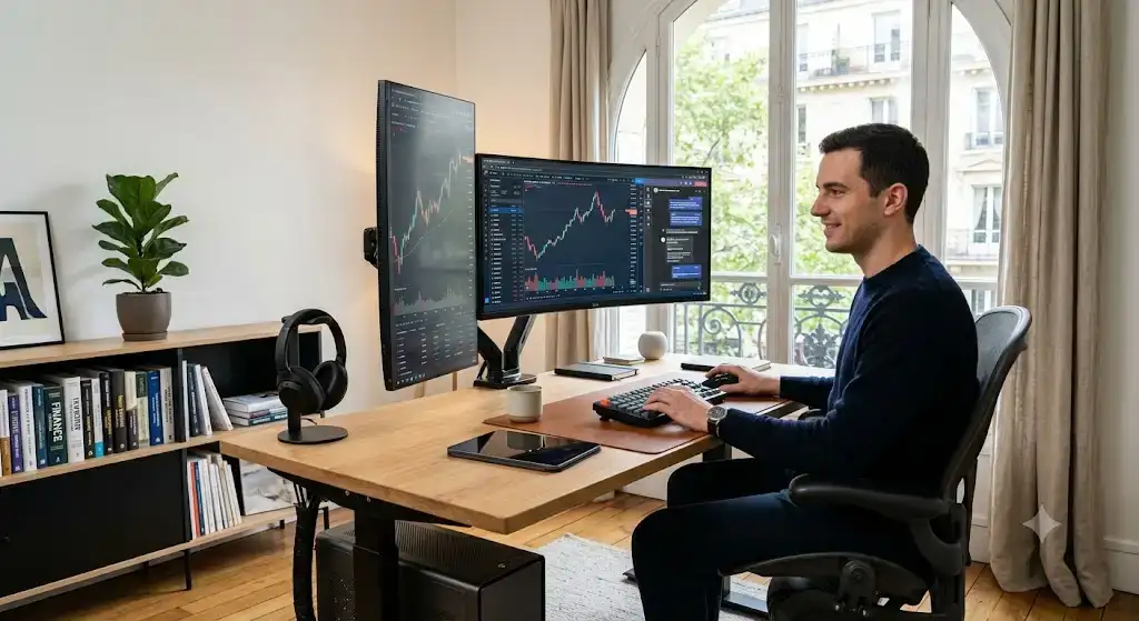 Aménagement complet d'un setup bureau premium où investir moderne avec bureau assis-debout et double écran en télétravail