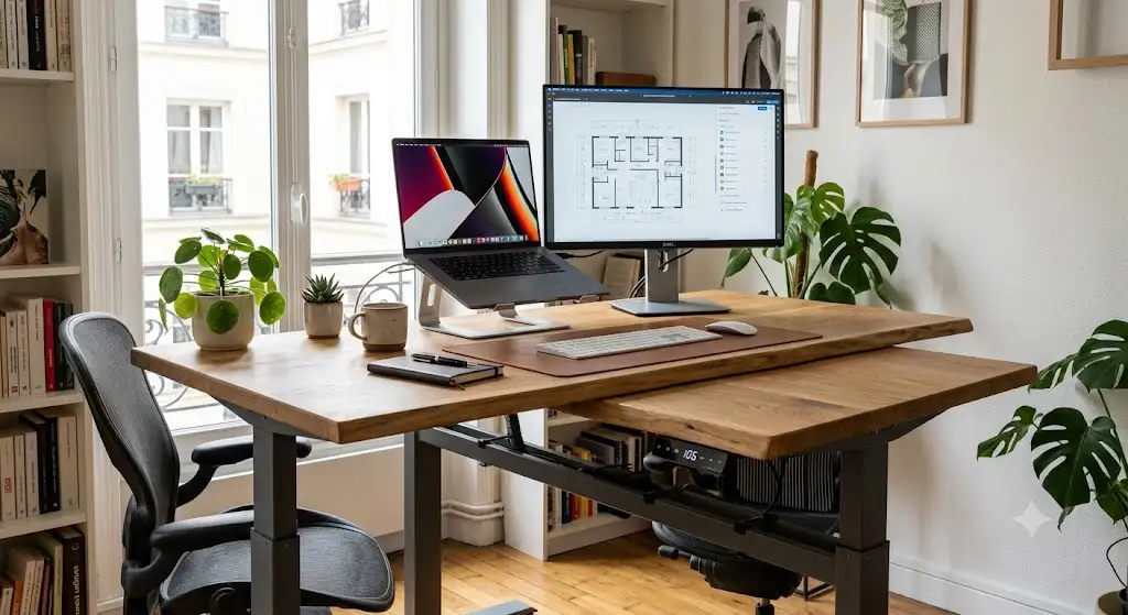 Bureau assis-debout électrique haut de gamme en chêne massif pour espace de travail ergonomique à plus de 500 euros. (bureau premium 500 euros et plus)