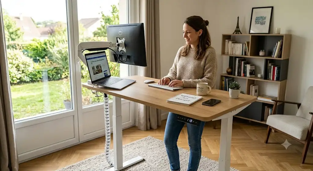 Bureau assis-debout électrique Flexispot en position haute dans un espace de travail à domicile moderne (bureau flexispot avis)
