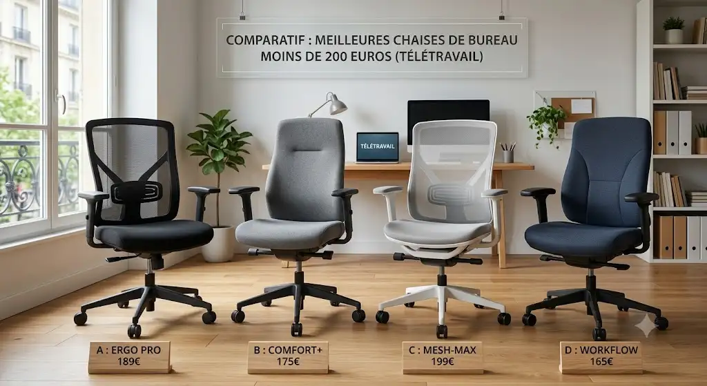 Comparatif visuel de la sélection des meilleure chaise de bureau moins de 200 euros pour le télétravail.