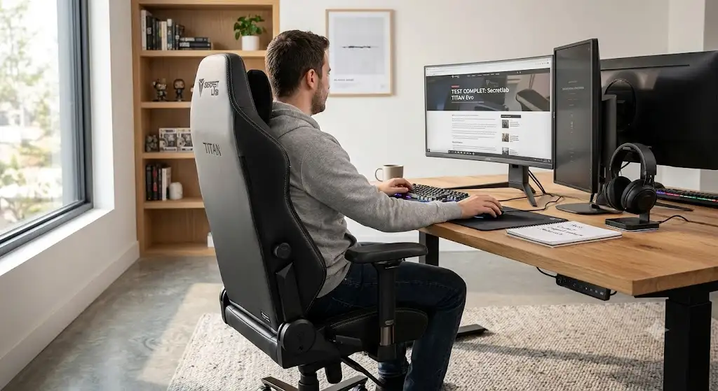 Test et avis complet sur la chaise de bureau gaming Secretlab TITAN Evo installée dans un setup moderne. (chaise secretlab avis)