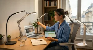 Detailed avis lampe de bureau led review showing modern sleek design on a wooden desk.
