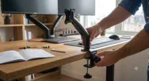 Guide d'installation et avis bras support écran fixé par pince sur le bureau