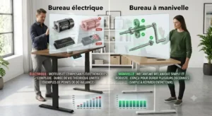 Étapes d'installation comparatives pour un bureau électrique vs bureau manivelle dans un bureau en France.