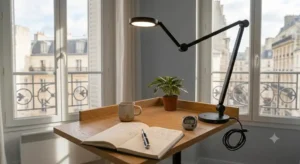 Space saving avis lampe de bureau led clamp feature attached to a compact office desk.