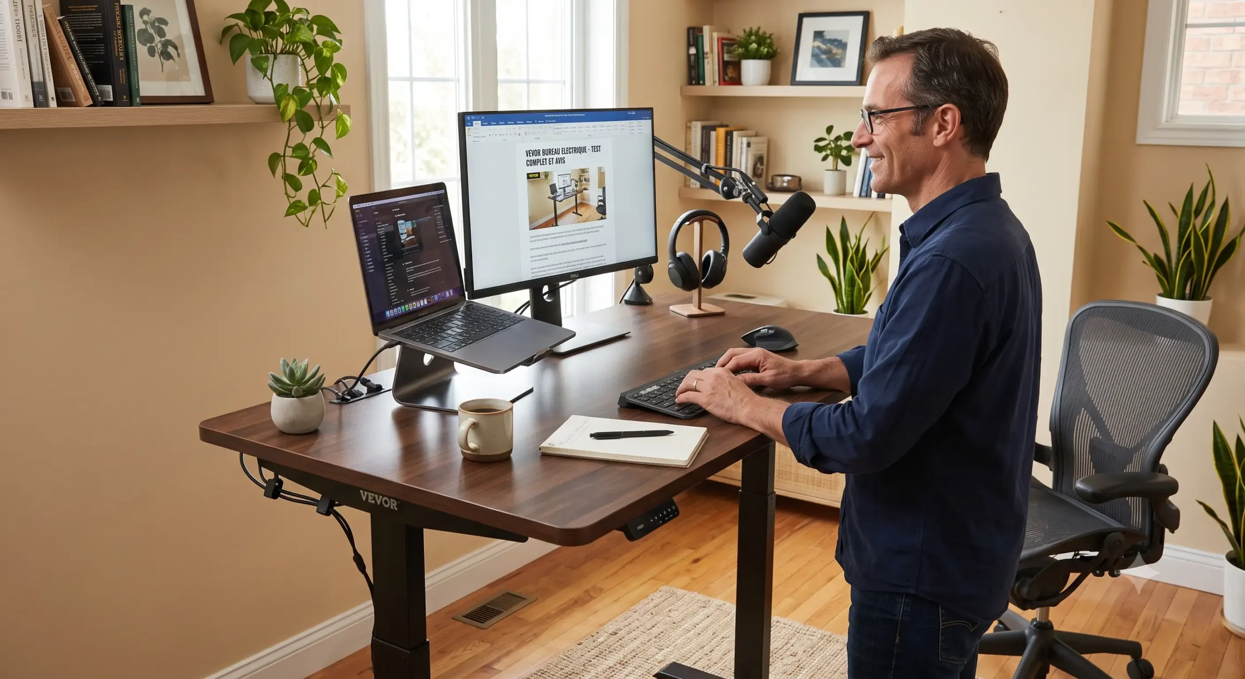 Test complet et avis sur le bureau assis-debout électrique Vevor installé dans un espace de travail à domicile. bureau vevor avis