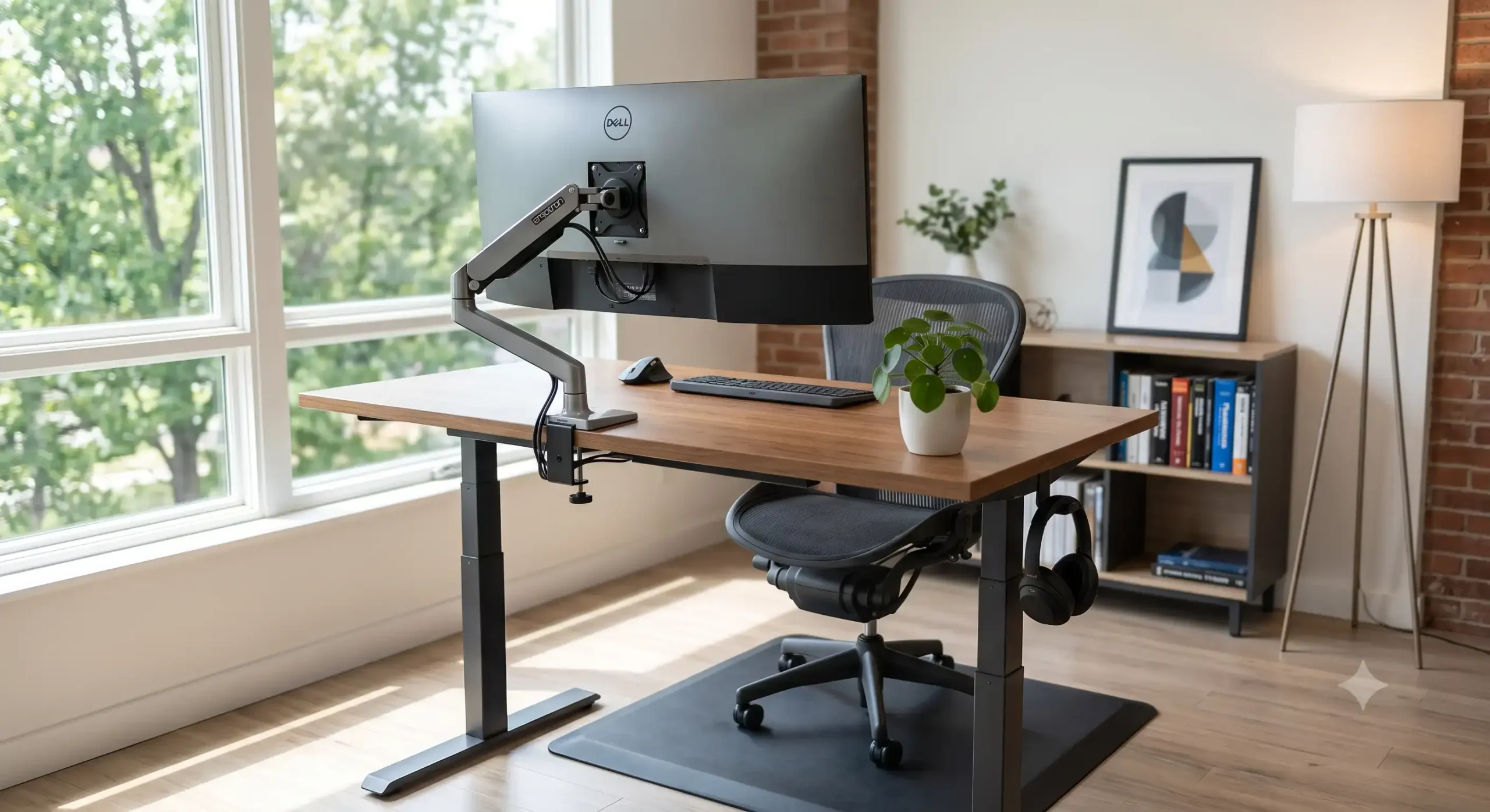 Vue d'ensemble du bureau assis-debout Ergotron réglable en hauteur dans un espace de travail ergonomique moderne. bureau ergotron avis