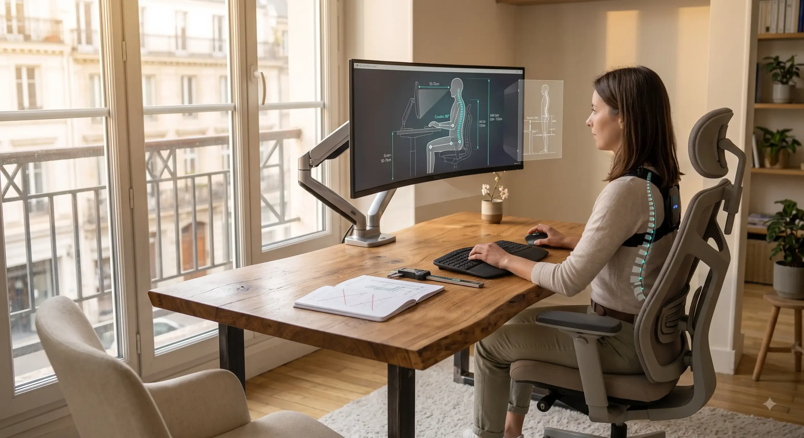Schéma des bonnes postures et des hauteurs recommandées pour bien régler son bureau et son fauteuil.(comment bien choisir son bureau)