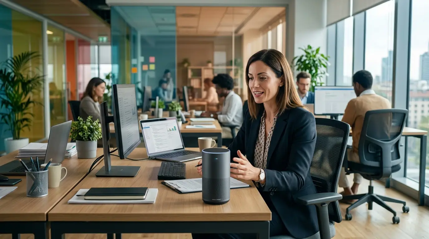 Una professionista in un ufficio moderno che utilizza un assistente vocale intelligente per gestire le attività quotidiane e la produttività.
