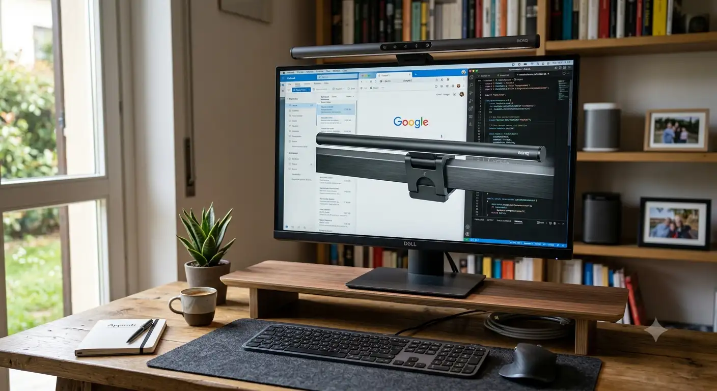 Barra luminosa per monitor installata sulla parte superiore dello schermo in una postazione da lavoro ordinata