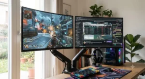 Braccio doppio monitor ad alta capacita di carico con supporto VESA per schermi gaming curvati