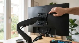 Passaggi illustrati per l'installazione standard delle piastre VESA sul braccio doppio monitor.