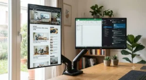 Braccio doppio monitor snodabile con un display orientato in verticale e uno in orizzontale.