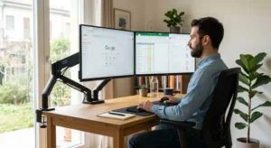 Illustrazione della corretta postura ergonomica per la schiena grazie al braccio doppio monitor regolabile