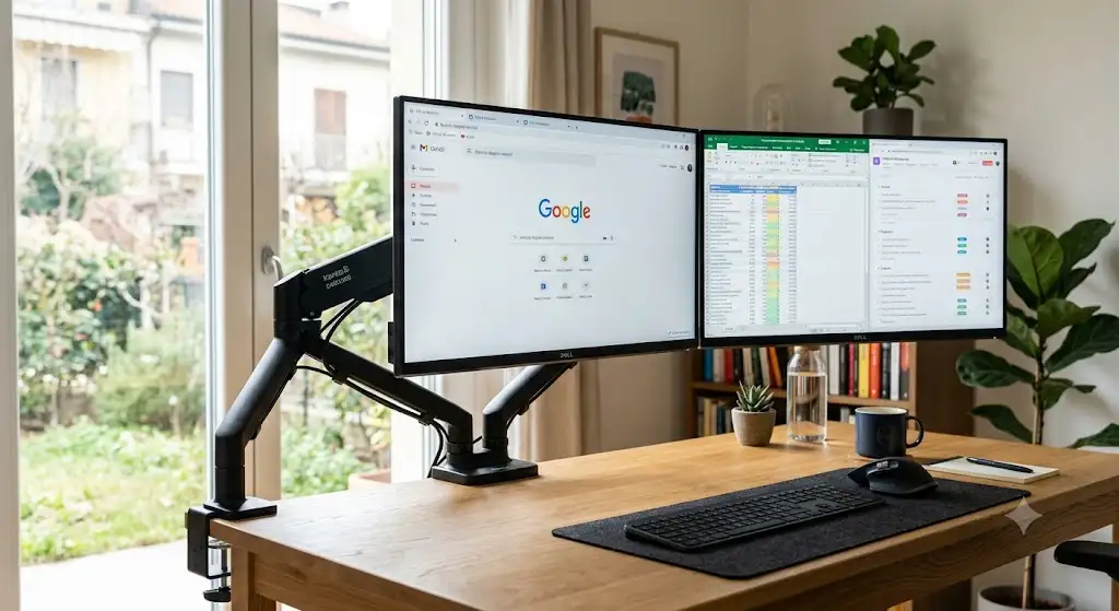 Postazione da lavoro moderna ed elegante con braccio doppio monitor montato su una scrivania da ufficio